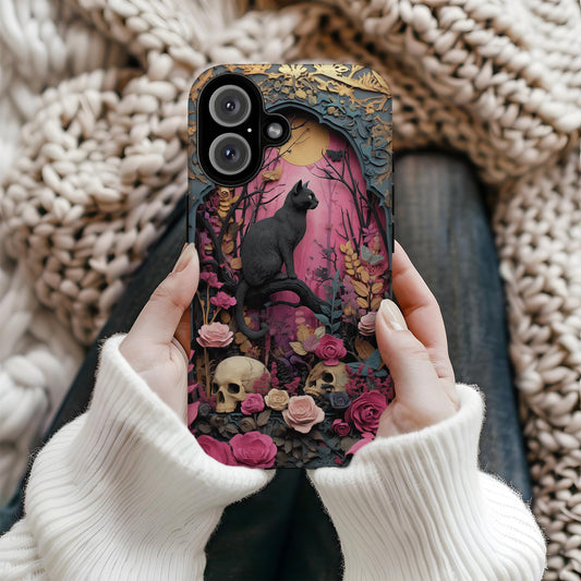 Gothic Cat & Floral Skulls Phone Case