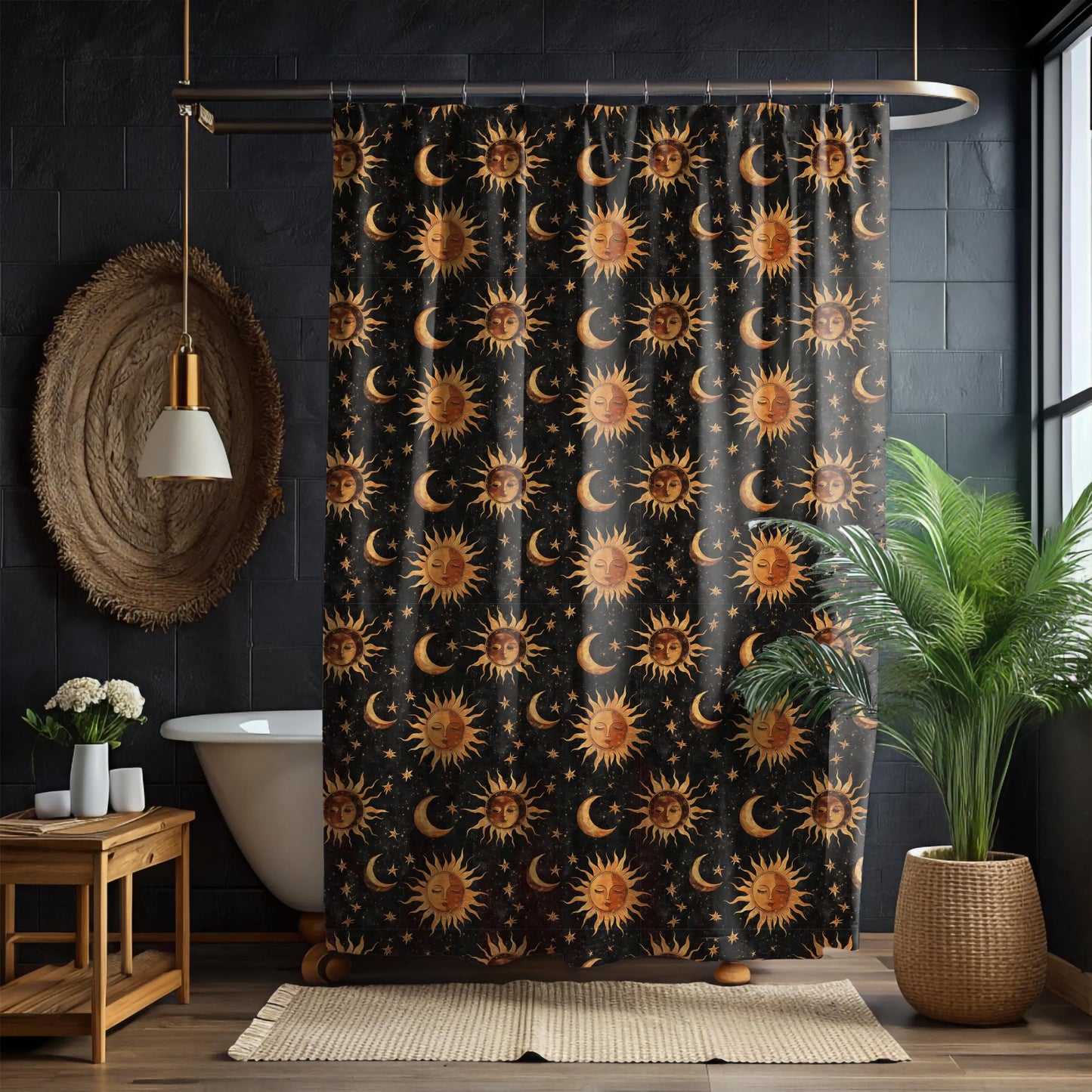 Boho Whimsigoth Medieval Suns Moons Shower Curtain & Bath Mat Set