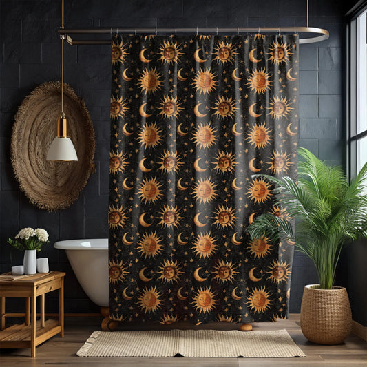 Boho Whimsigoth Medieval Suns Moons Shower Curtain & Bath Mat Set