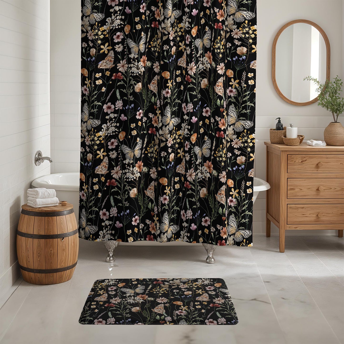 Floral Butterfly Shower Curtain & Bath Mat Set