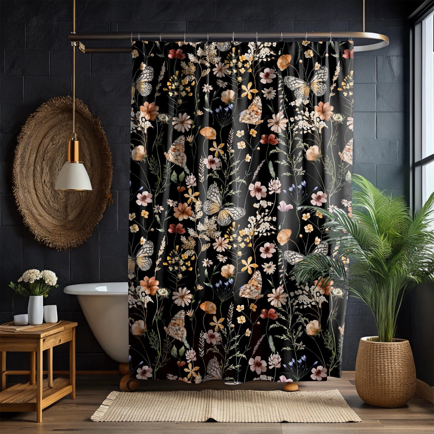 Floral Butterfly Shower Curtain & Bath Mat Set