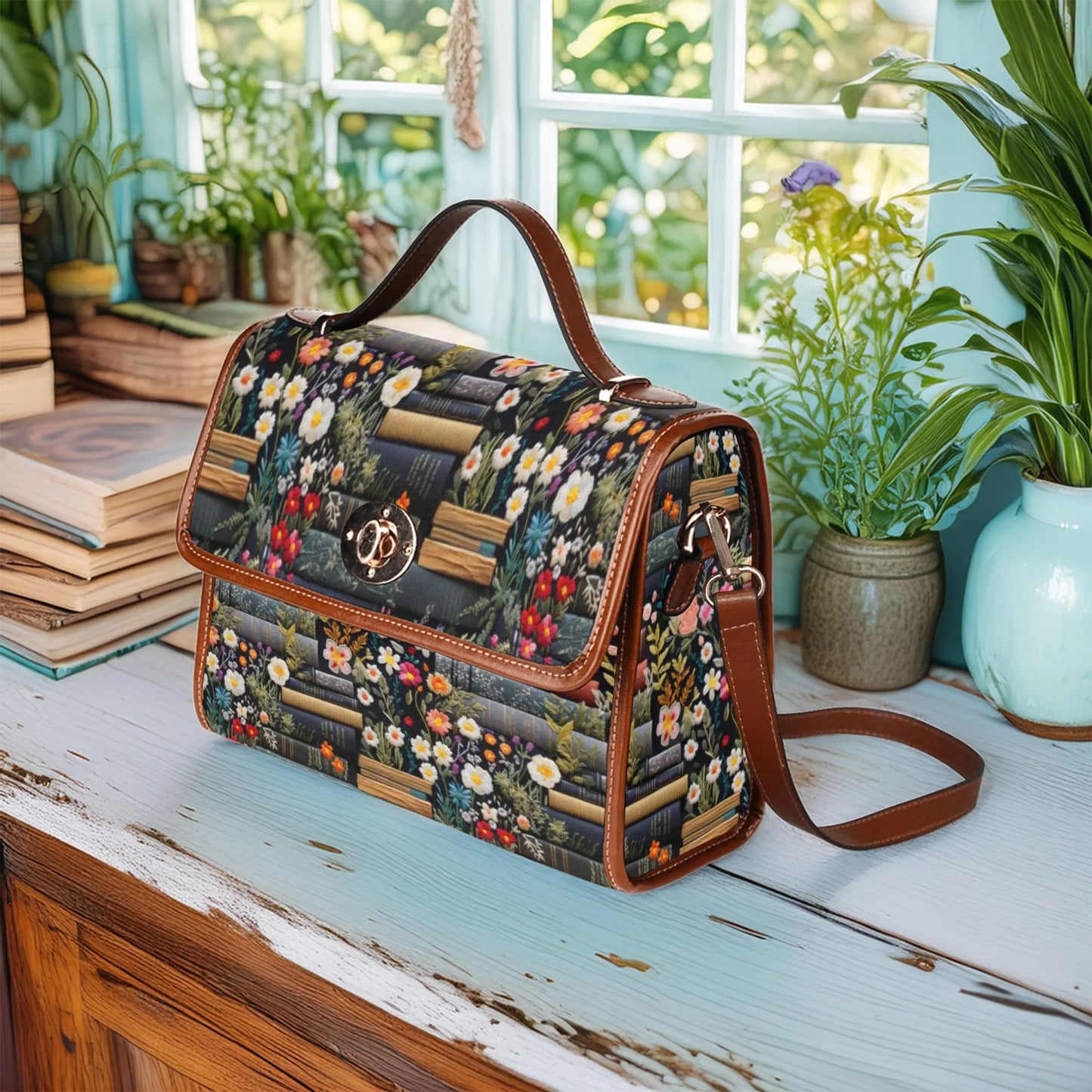Cottagecore Flowers & Books Satchel Bag