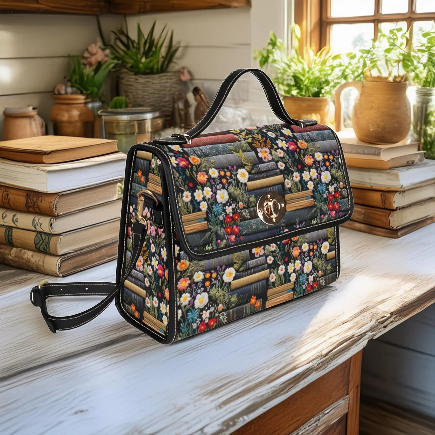 Cottagecore Flowers & Books Satchel Bag