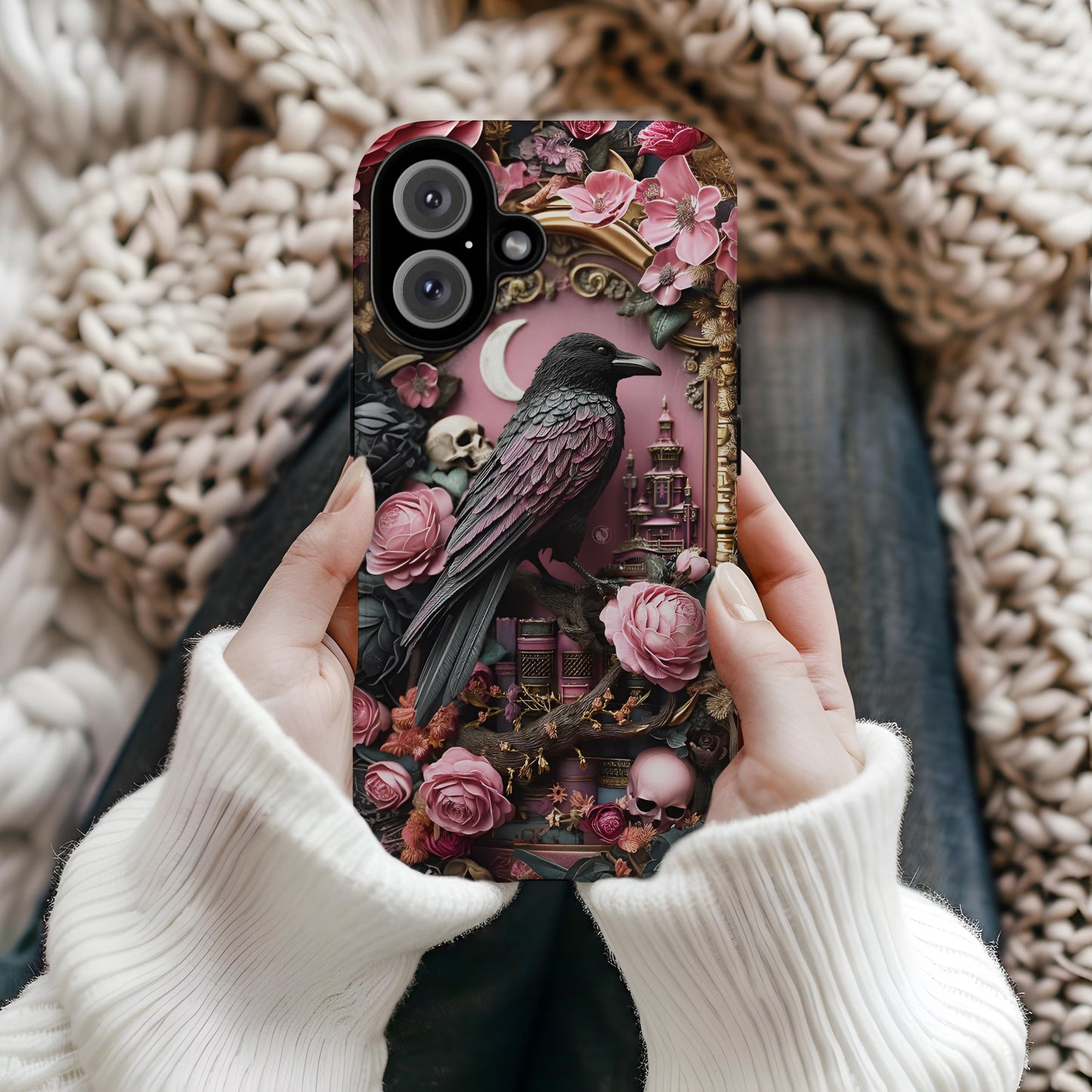 Gothic 3D effect Raven Floral Phone Case