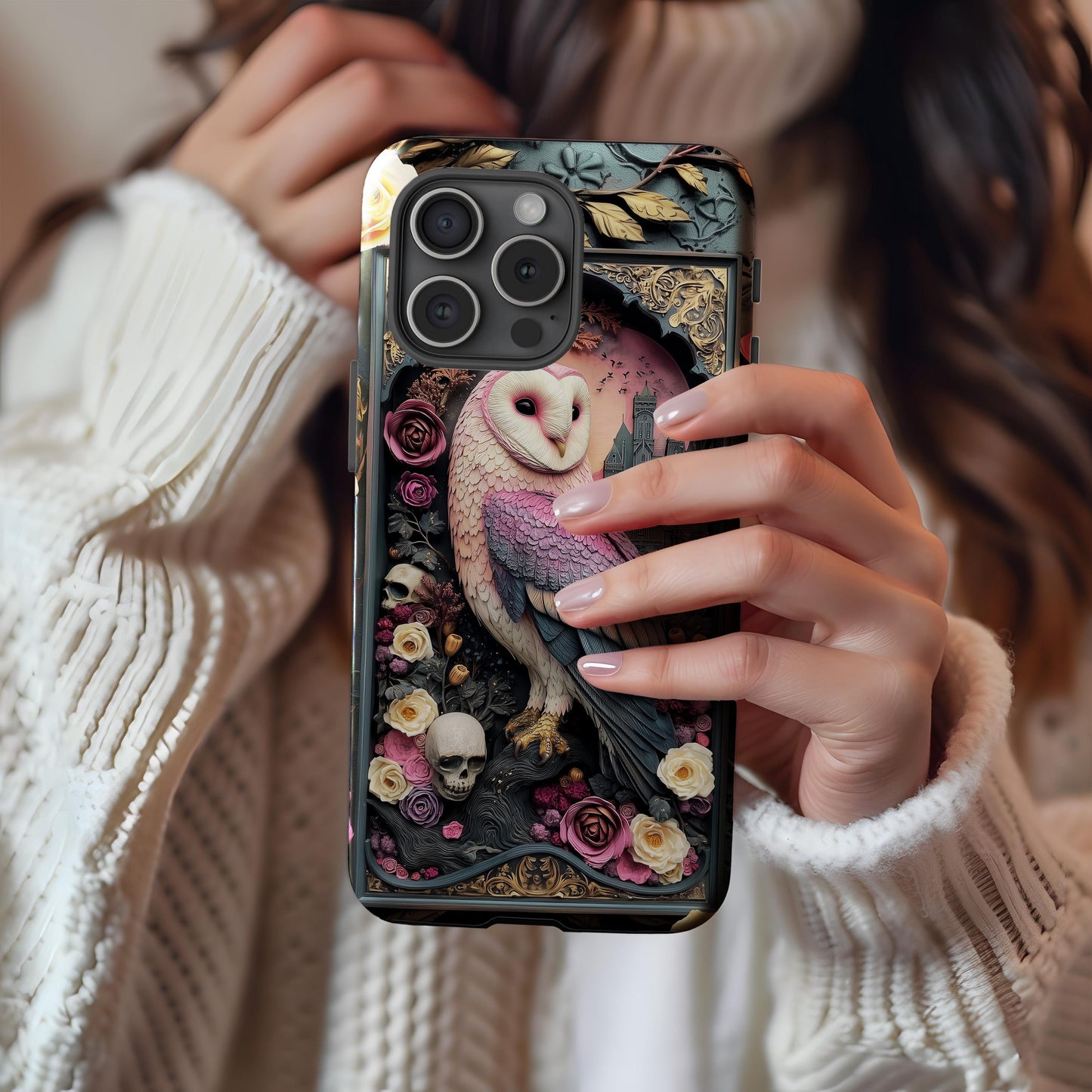 Gothic Owl Tough Phone Case - Unique Floral Design