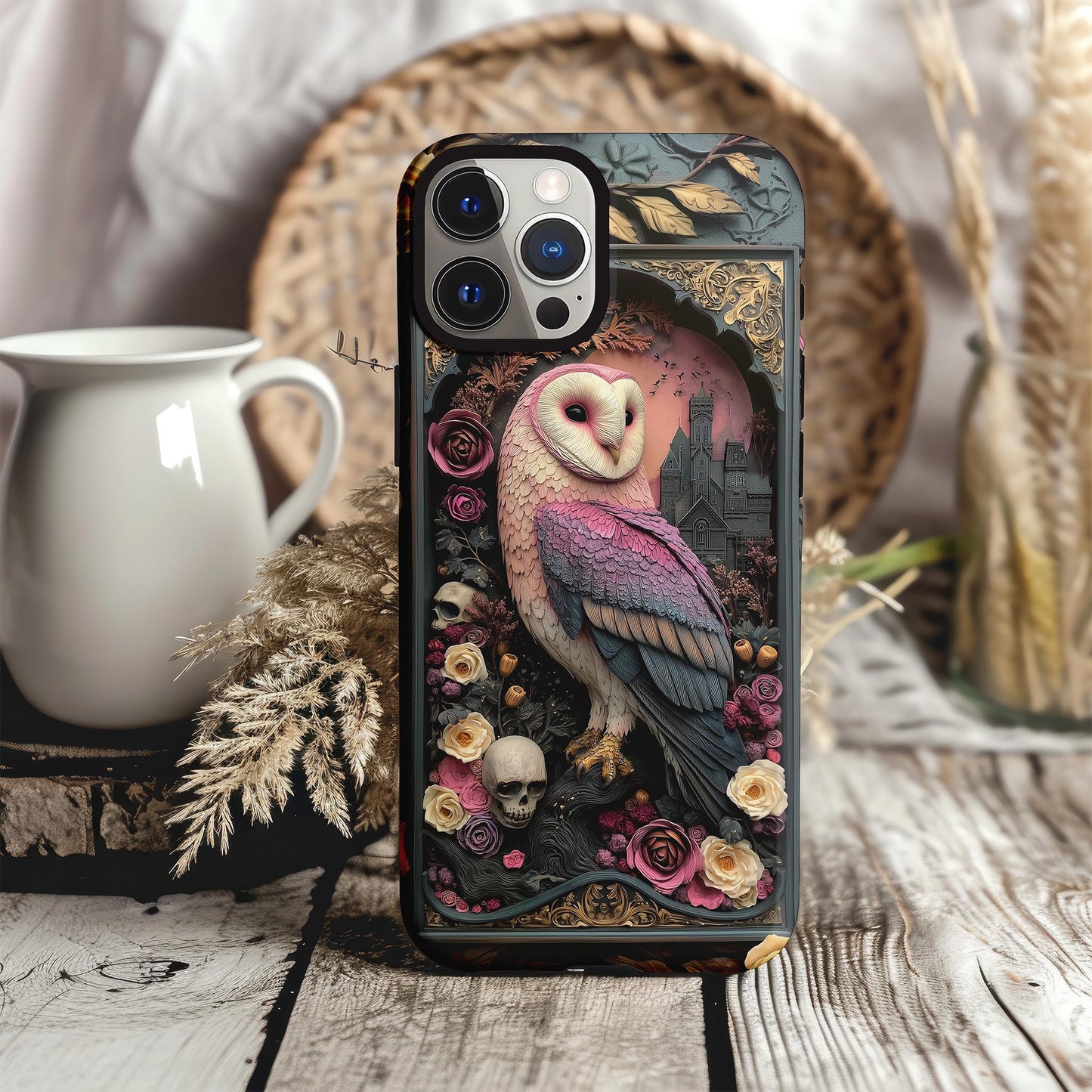 Gothic Owl Tough Phone Case - Unique Floral Design
