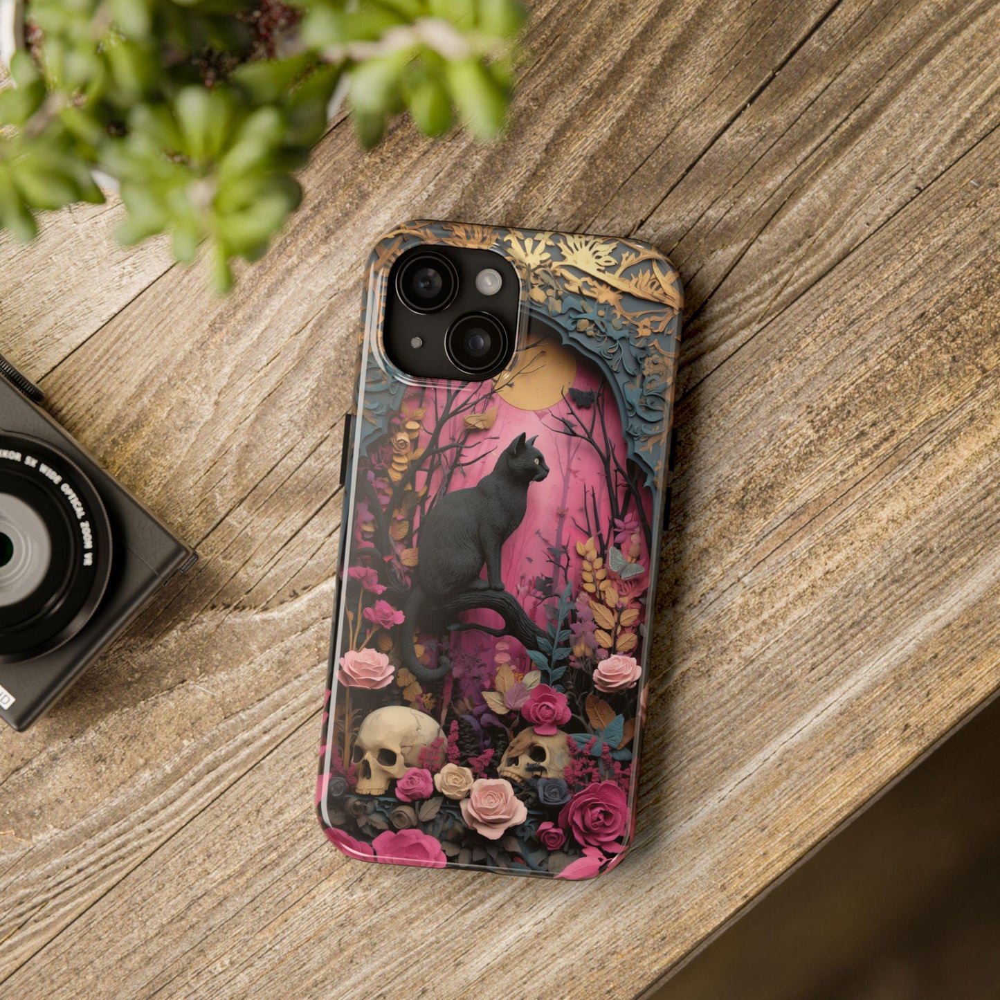 Gothic Cat & Floral Skulls Phone Case