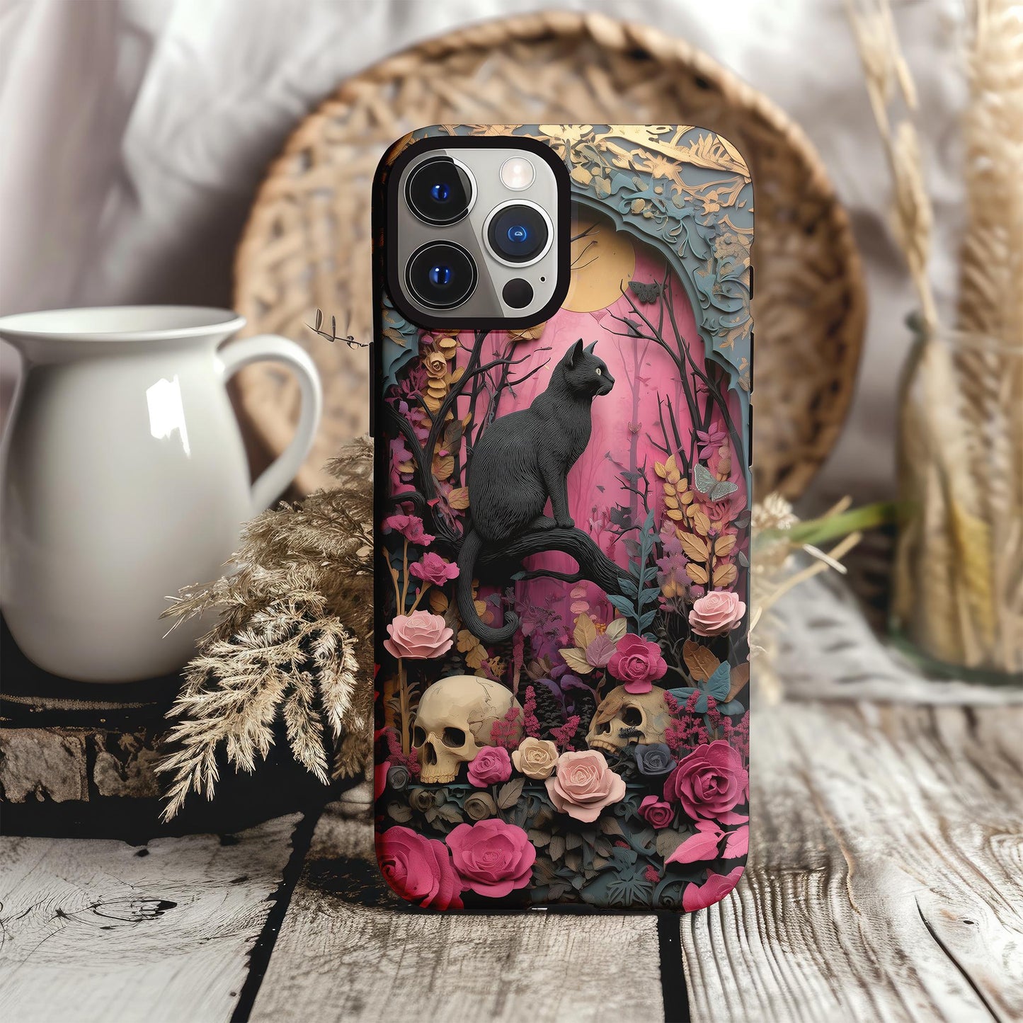 Gothic Cat & Floral Skulls Phone Case