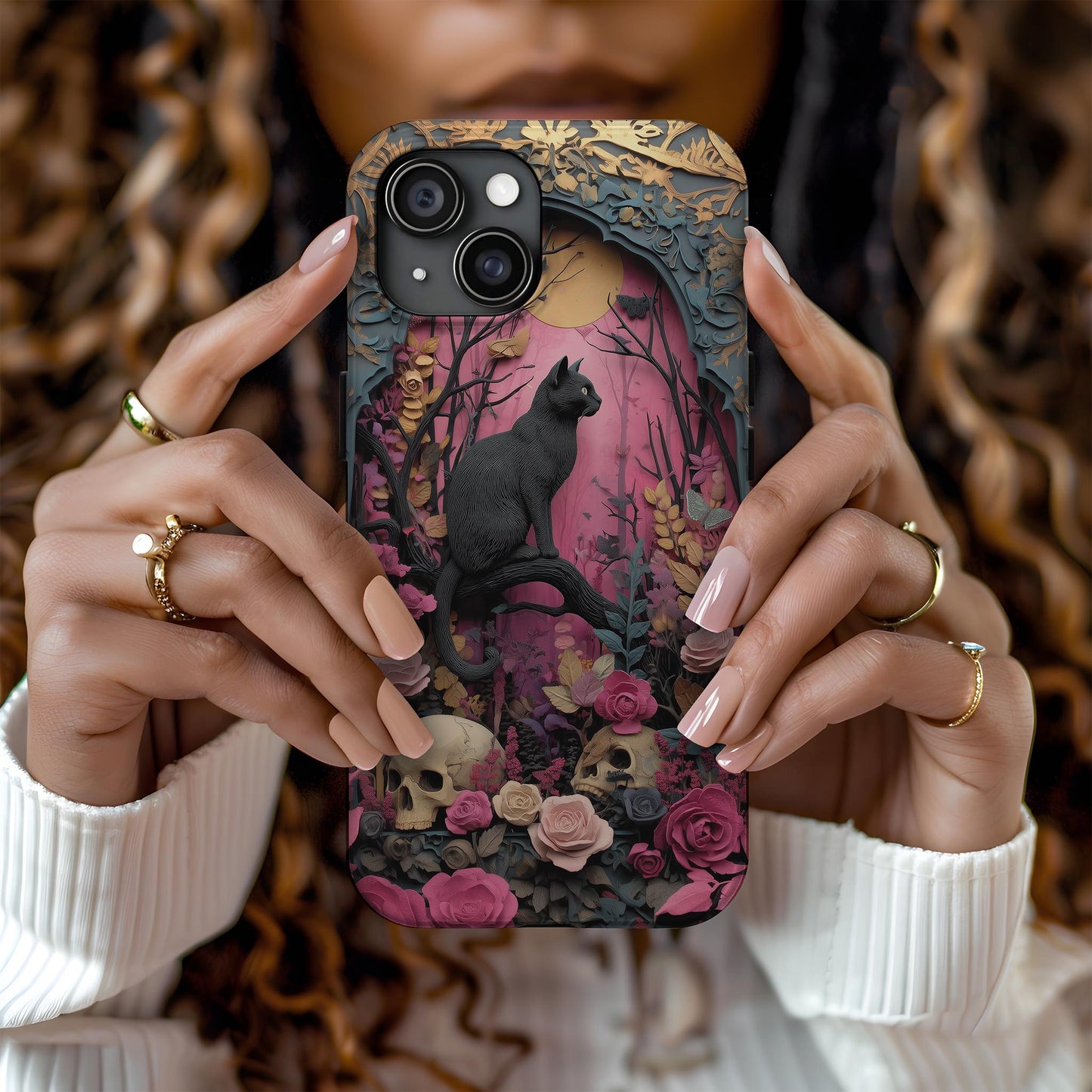 Gothic Cat & Floral Skulls Phone Case