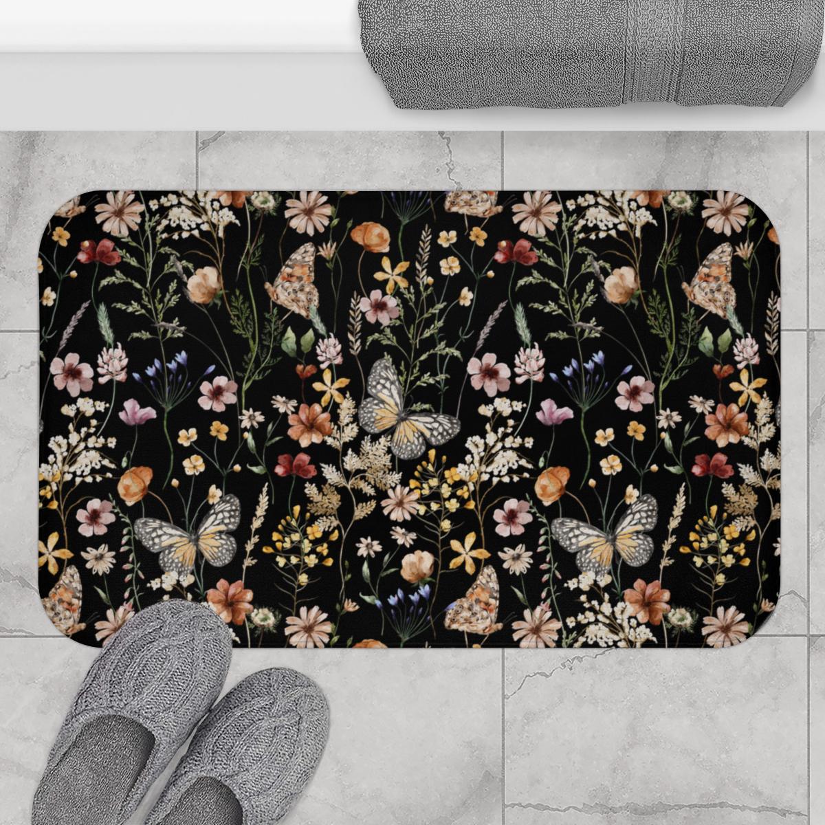 Floral Butterfly Shower Curtain & Bath Mat Set