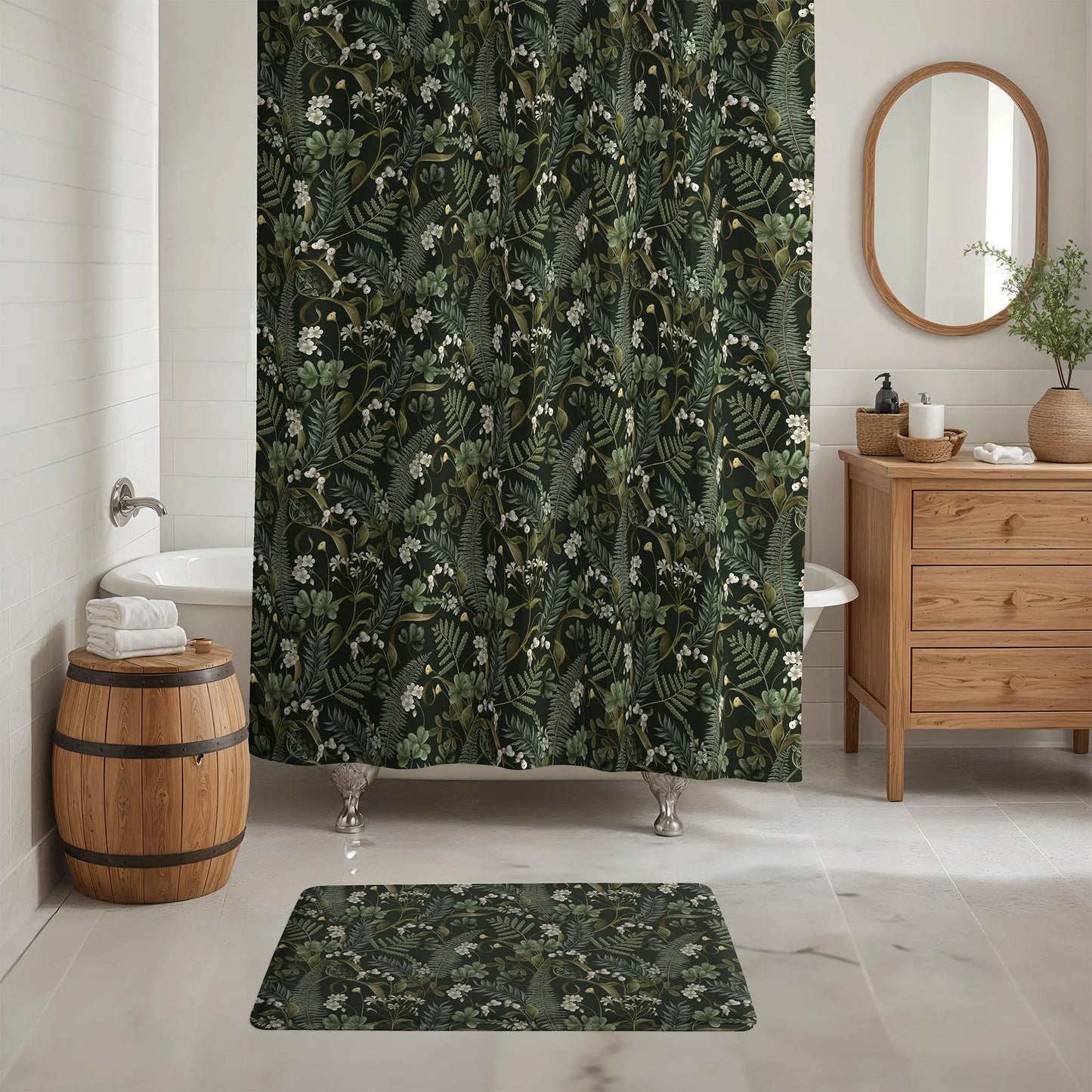 Dark Forest Botanical Shower Curtain & Bath Mat