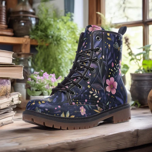Floral-patterned vegan combat boot 