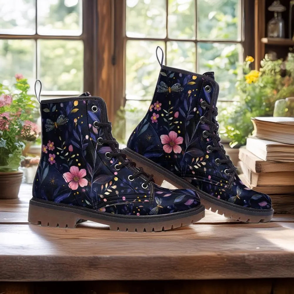 Whimsical Night Garden Floral Vegan Combat Boots