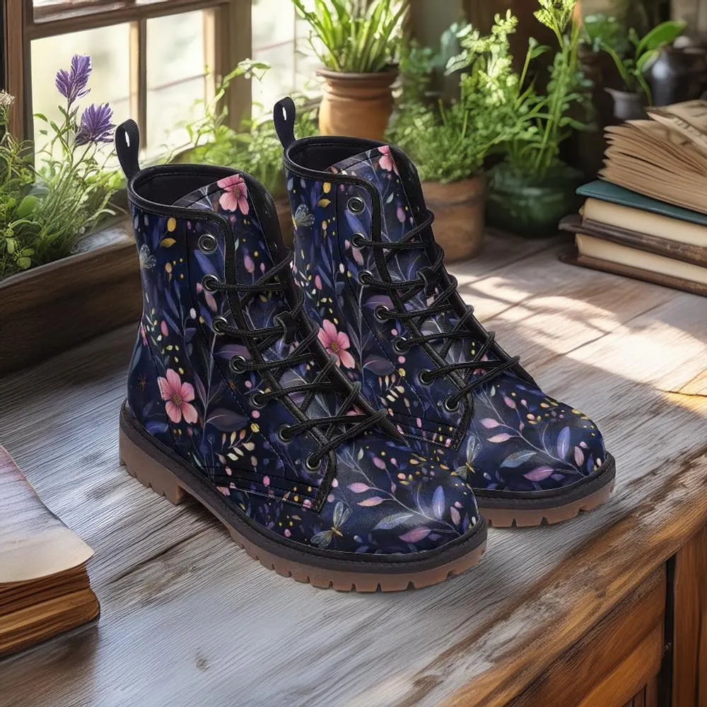 Whimsical Night Garden Floral Vegan Combat Boots