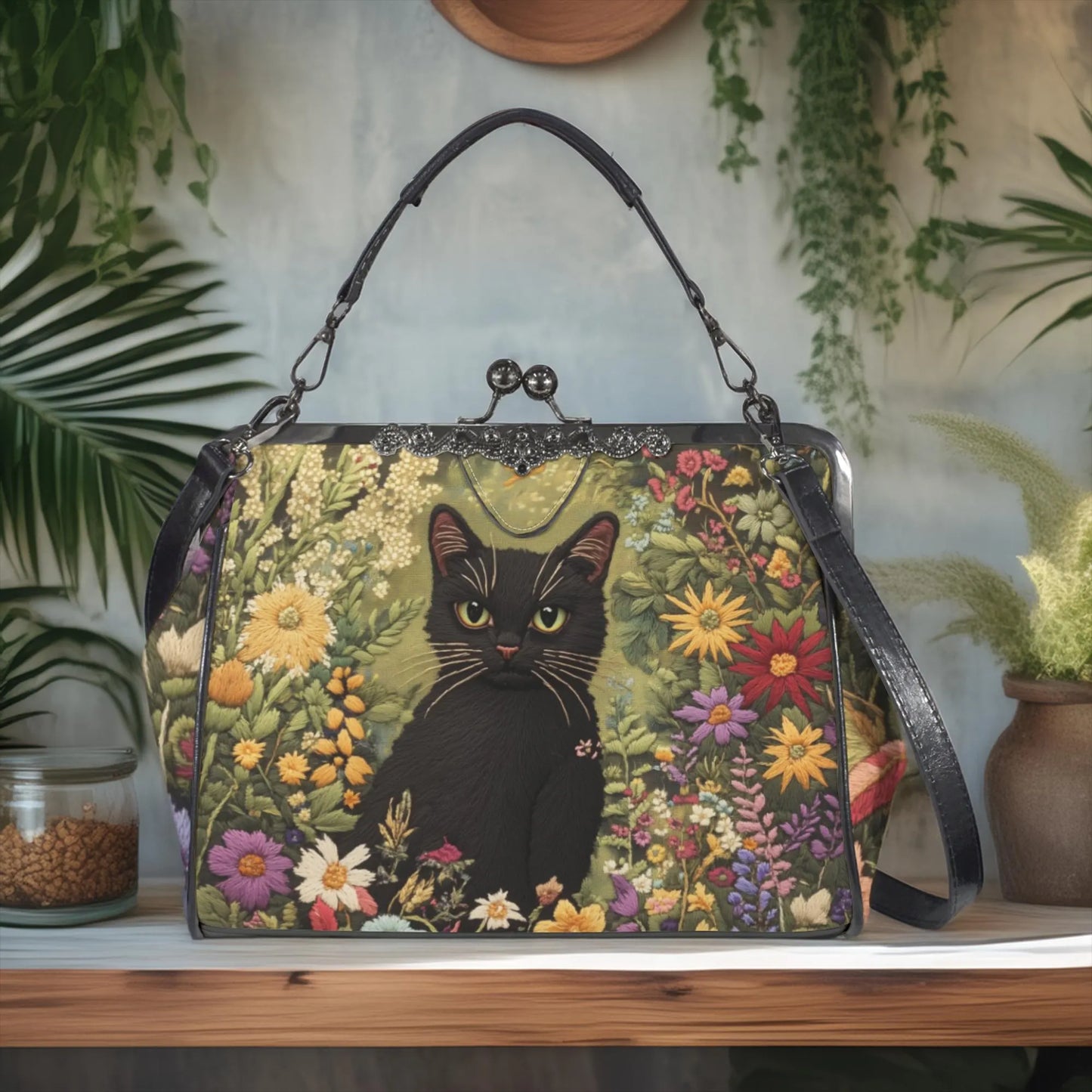 Faux-Embroidered Cat in the Garden Kisslock Purse