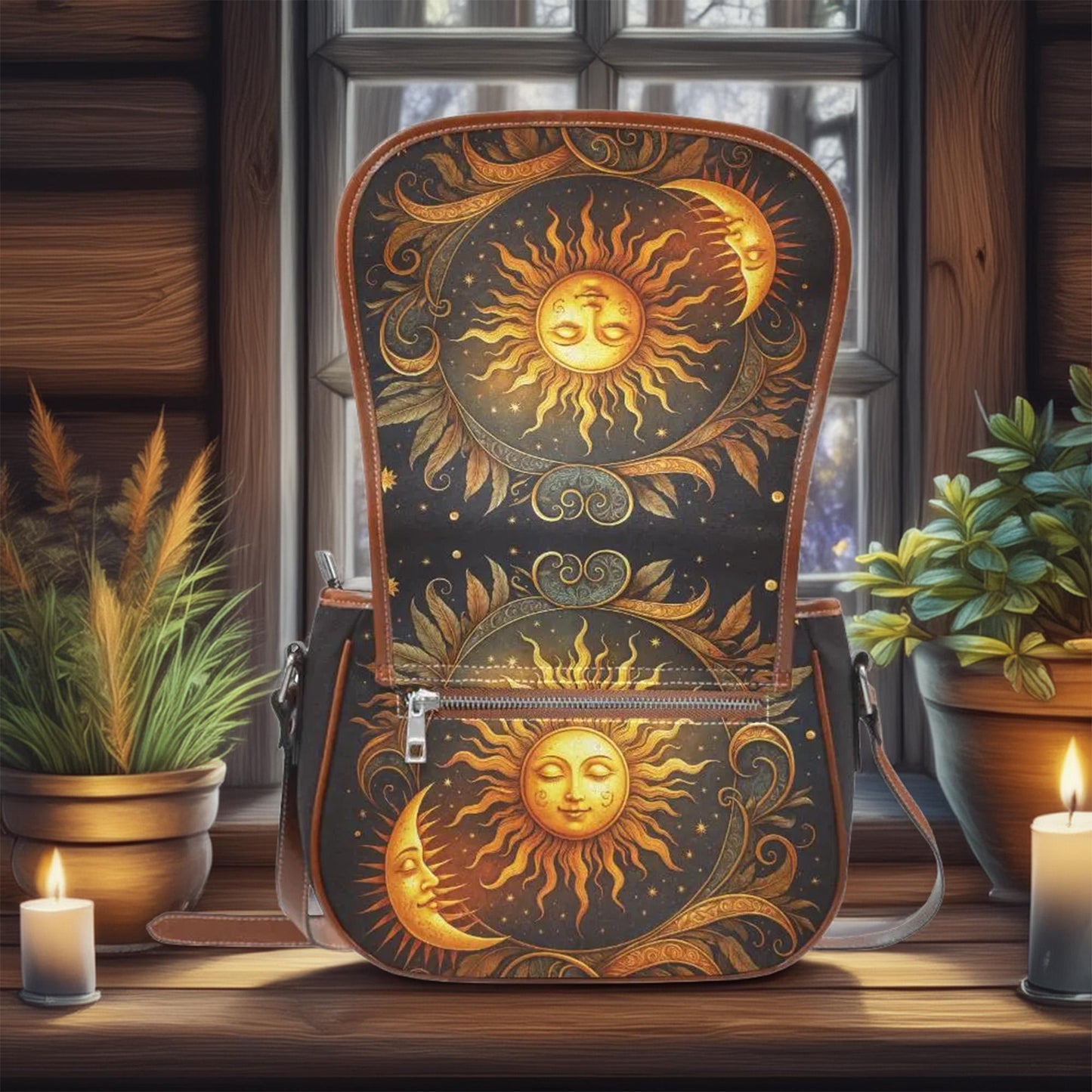 Celestial Sun & Moon Saddle Bag Purse