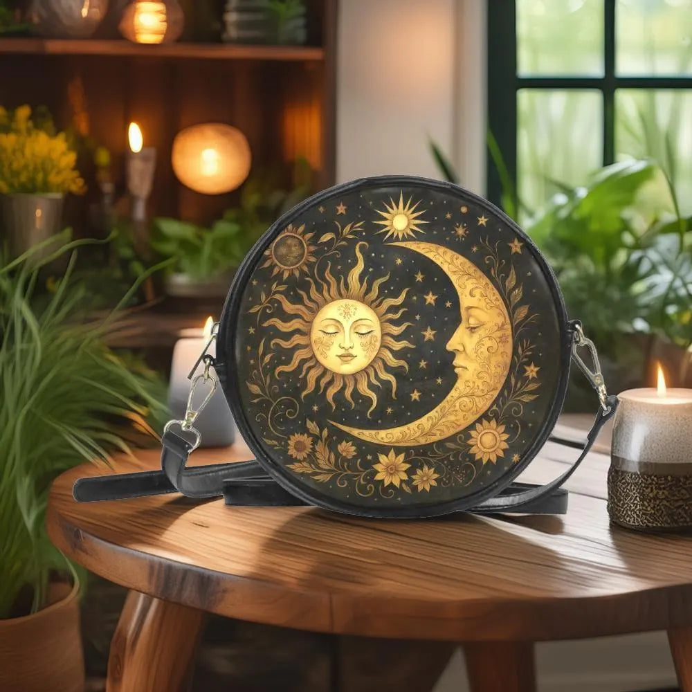Dark Celestial Sun & Moon Round Crossbody Bag