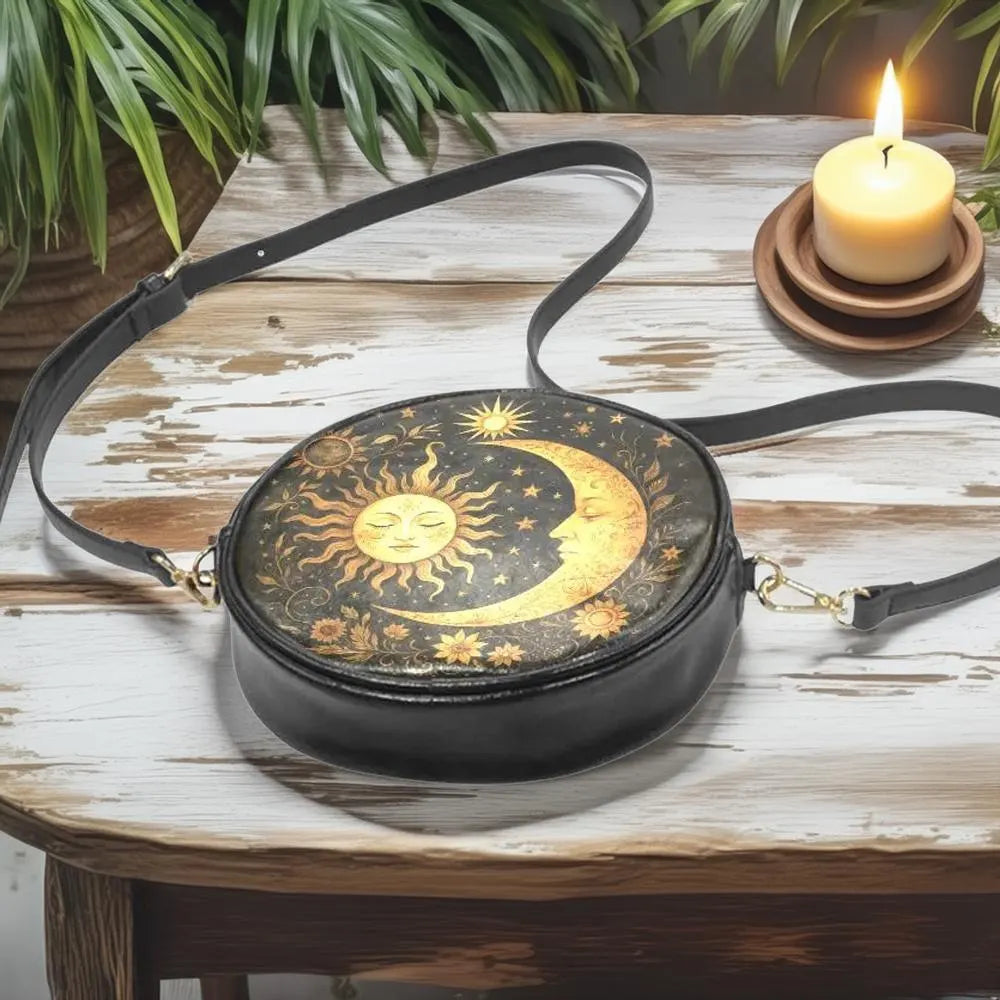 Dark Celestial Sun & Moon Round Crossbody Bag