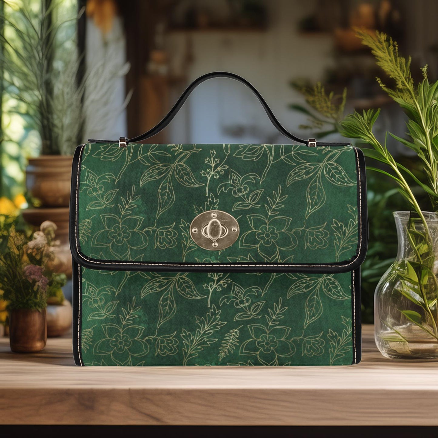 Emerald Green and Faux Gold Botanical Satchel