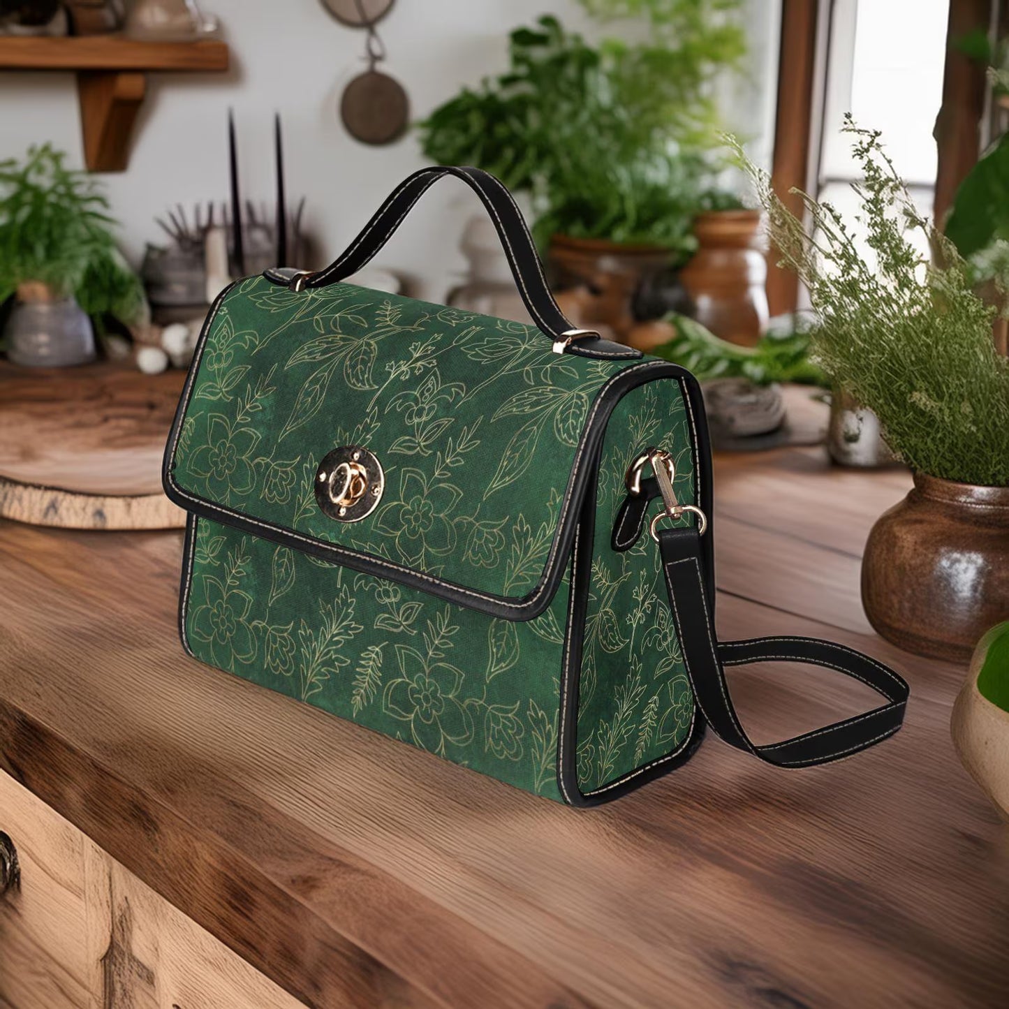 Emerald Green and Faux Gold Botanical Satchel