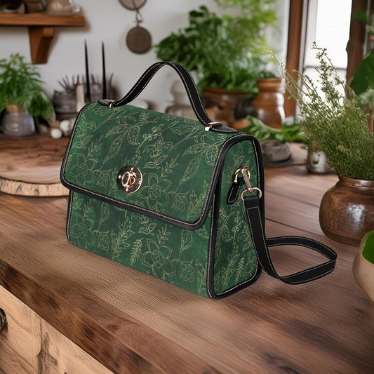Emerald Green and Faux Gold Botanical Satchel