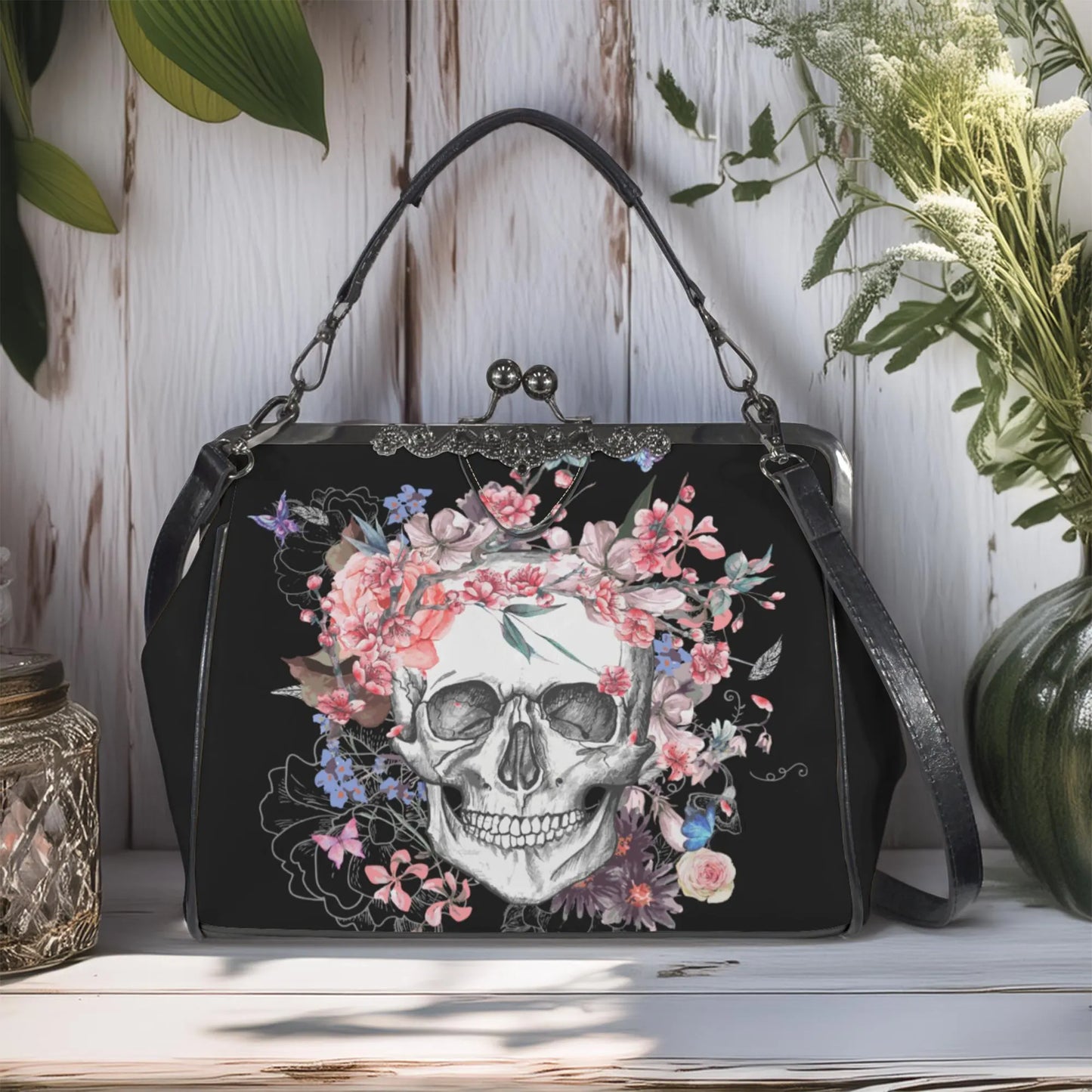Skull and Flowers Kisslock Handbag