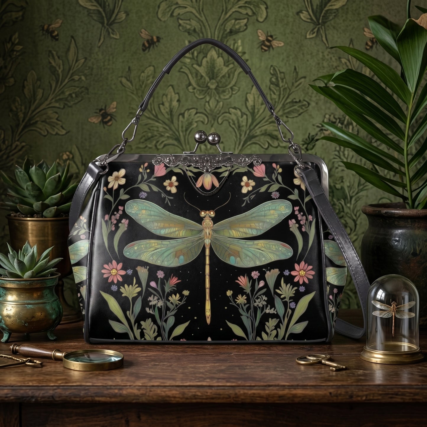Dragonfly & Flowers Kisslock Handbag