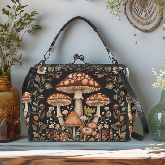 Dark Cottagecore Mushrooms Kisslock Bag