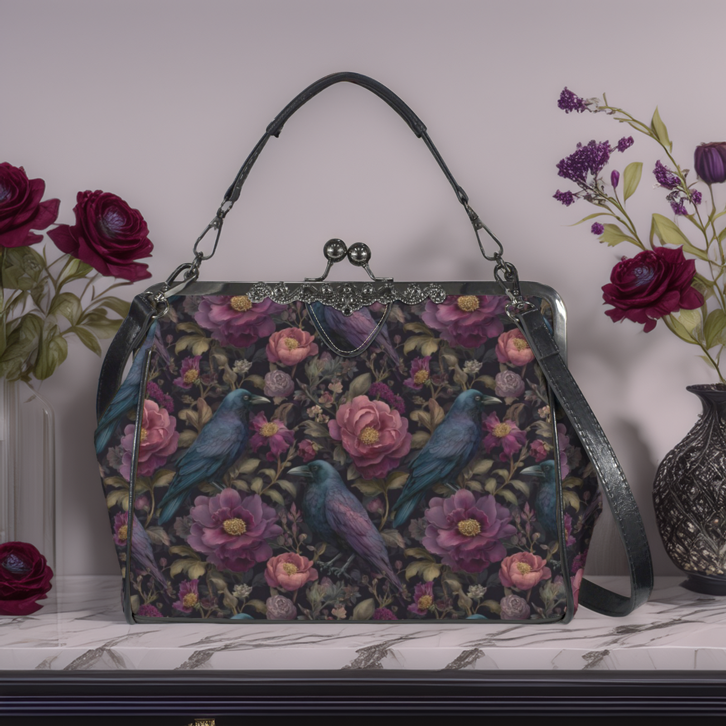 Ravens and Purple Flowers Kisslock Purse