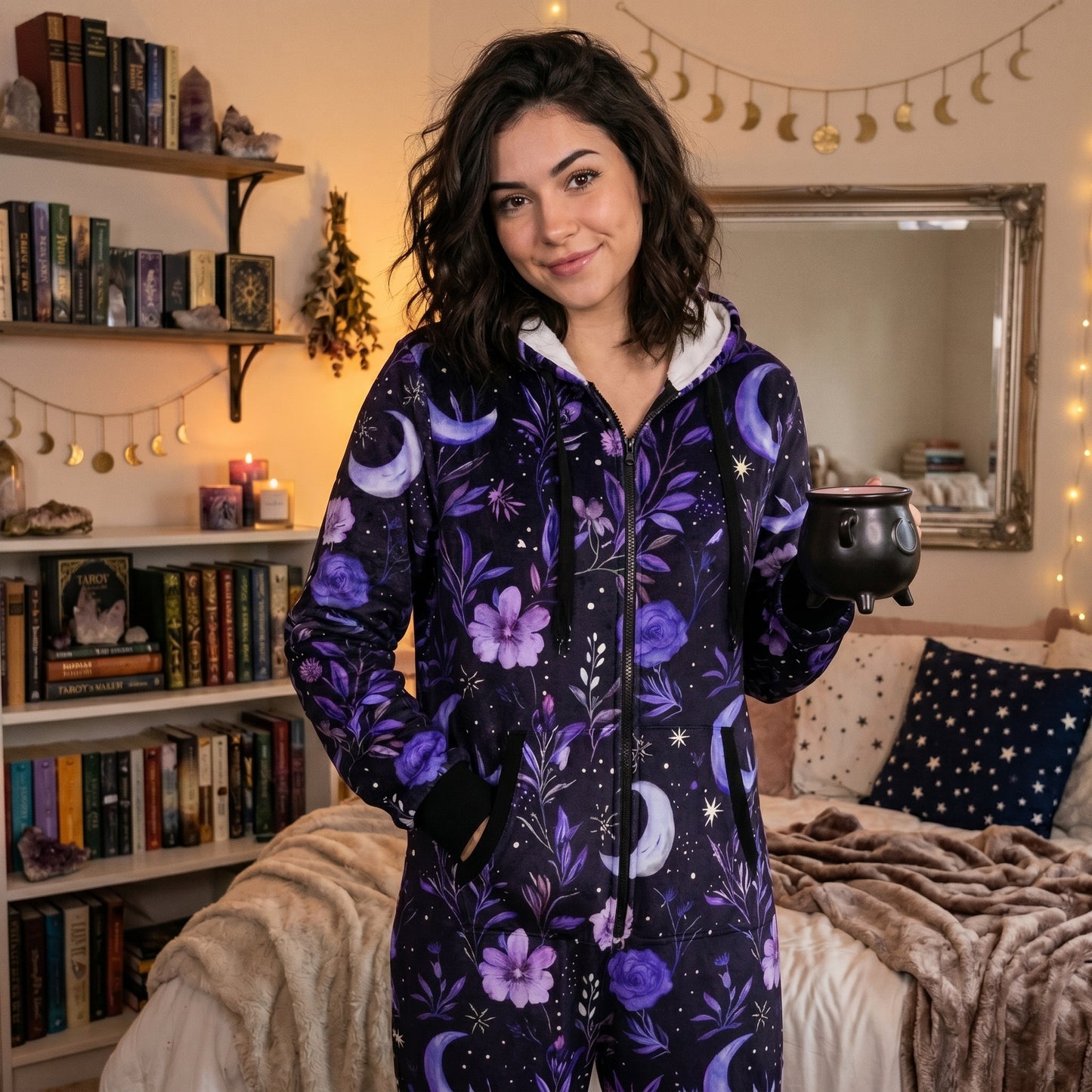 Witchy Purple Moons & Flowers Adult Onesie