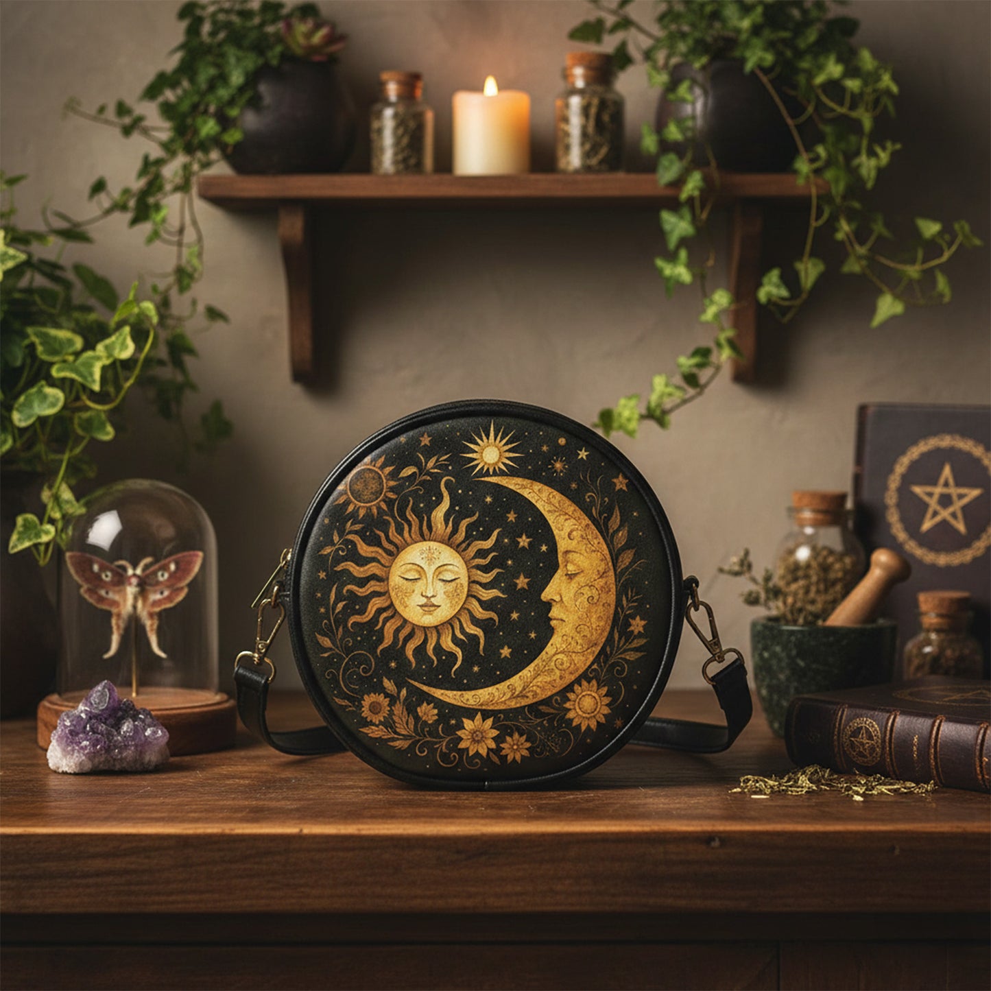 Dark Celestial Sun & Moon Round Crossbody Bag
