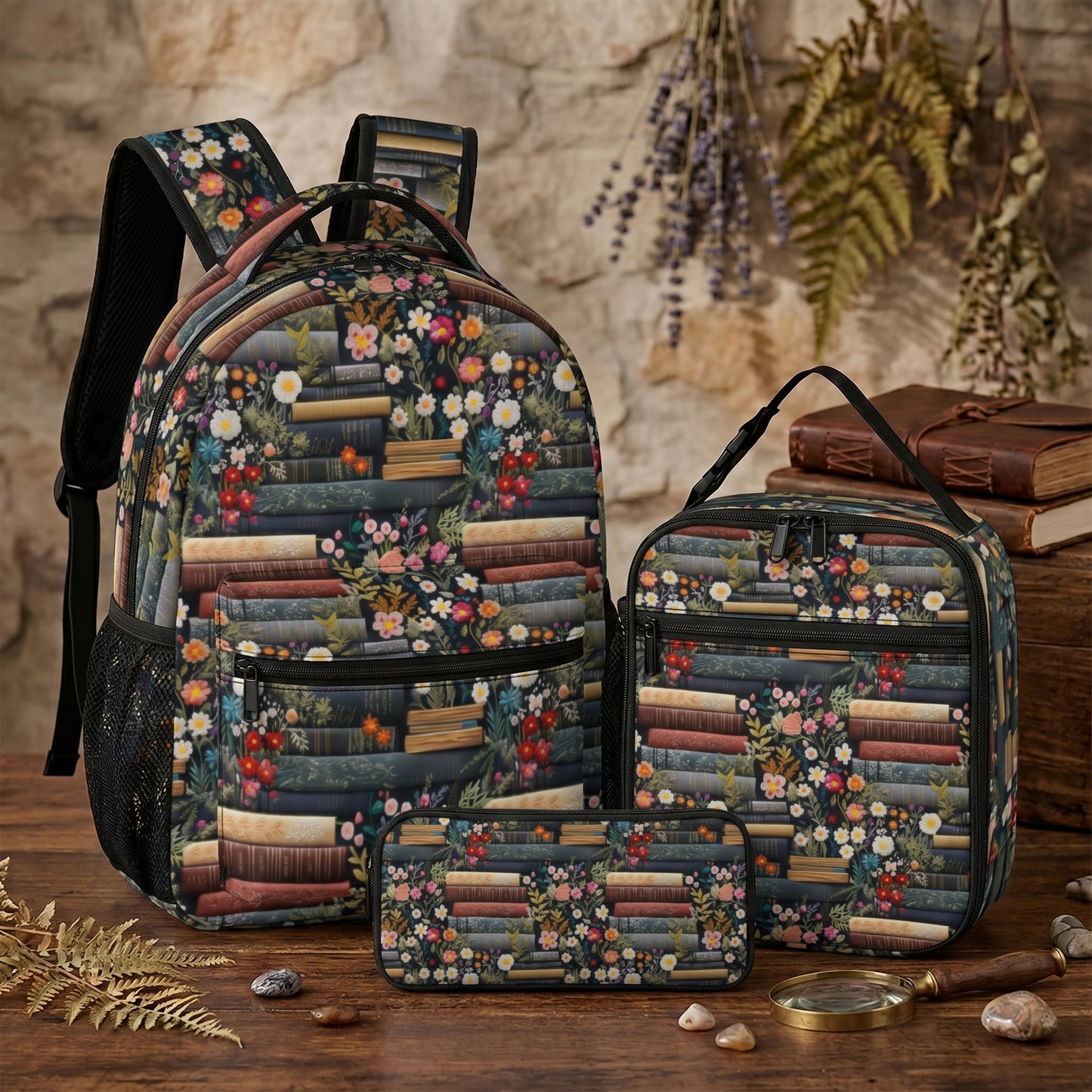 Books & Flowers Backpack Lunchbag School Set