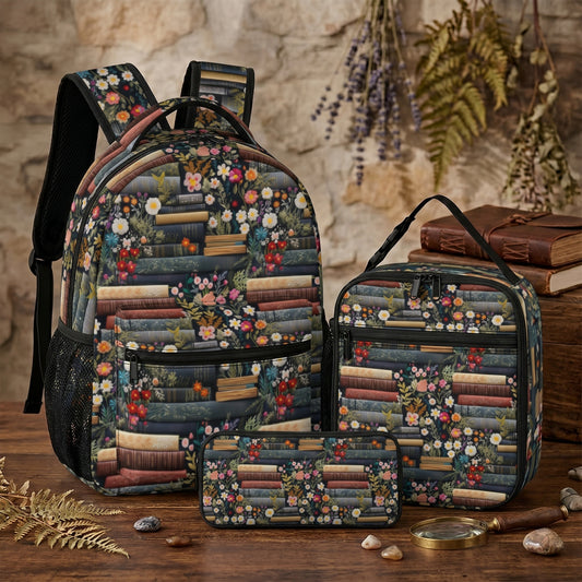 Books & Flowers Backpack Lunchbag School Set