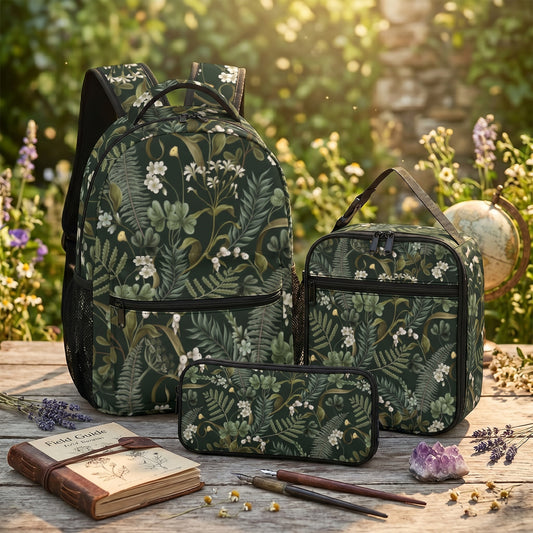 Green Botanical Cottagecore School Bag Set