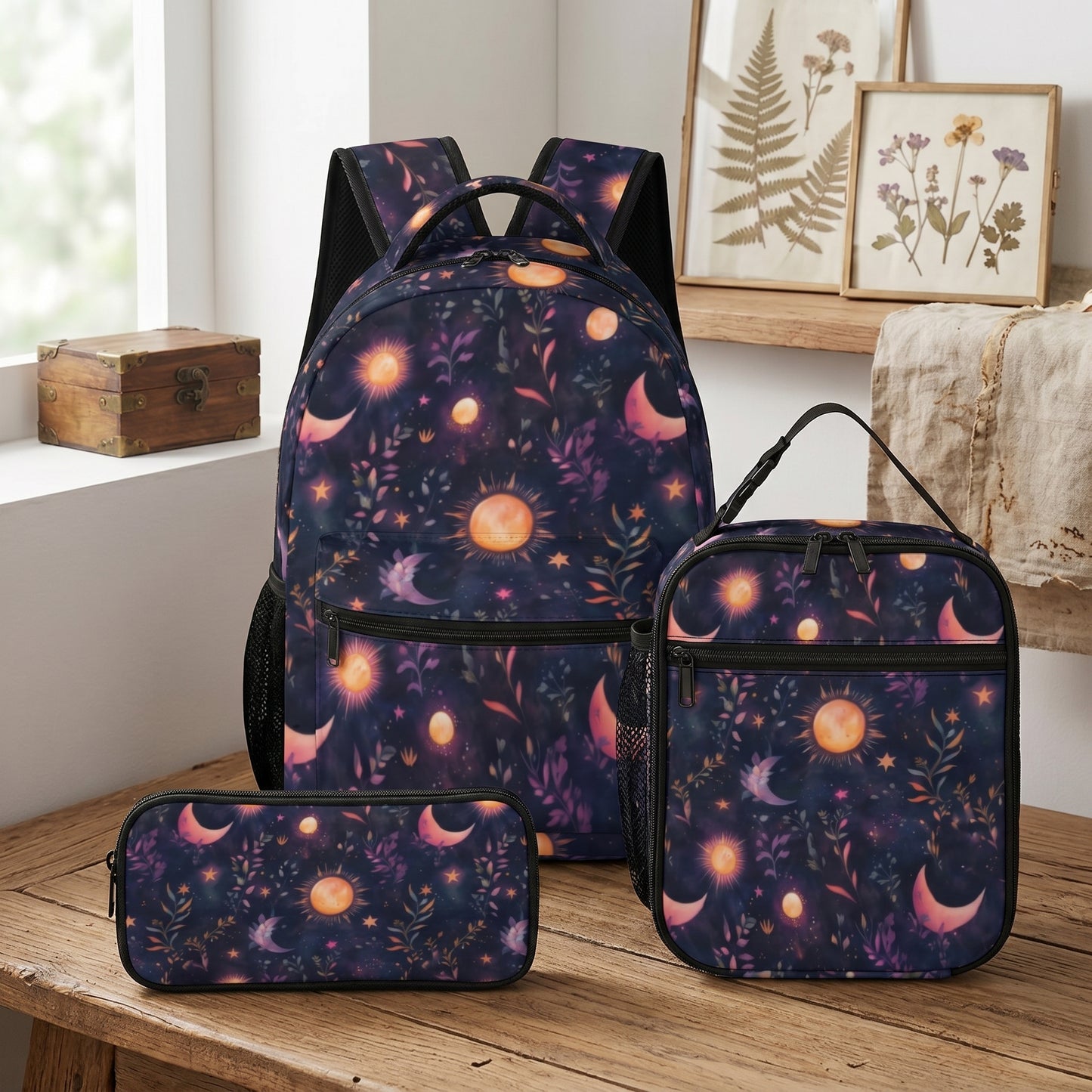 Watercolor Celestial Moons and Flowers Backpack School Set