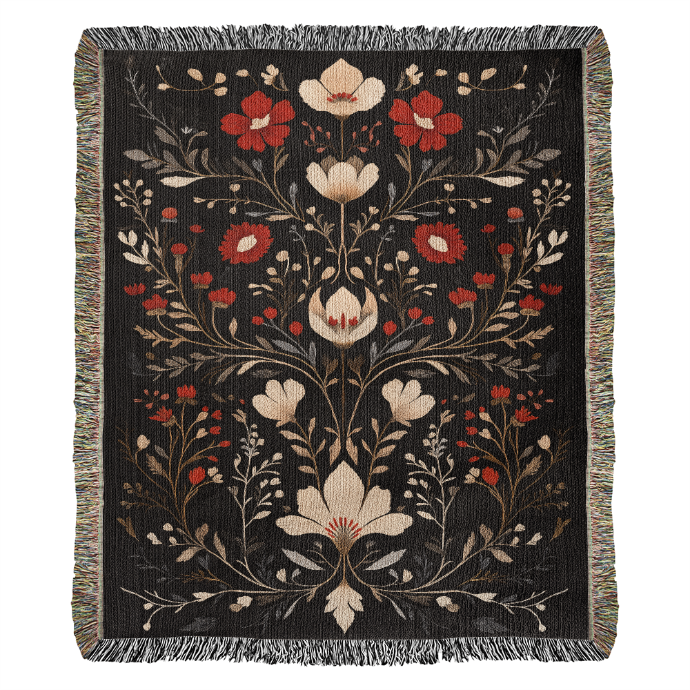 Black, Red & Cream Folk Floral Woven Throw
